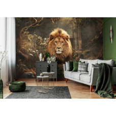 Fototapete im Wohnzimmer mit einem stolzen Löwen, umgeben von wilder Natur und trockenen Gräsern.