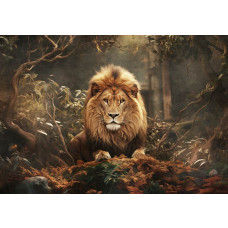 Fototapete mit einem Löwen in der afrikanischen Wildnis und intensivem Blick in die Ferne.