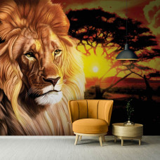 Eine Fototapete mit einem Löwen bei Sonnenuntergang in einer afrikanischen Landschaft für das Schlafzimmer.