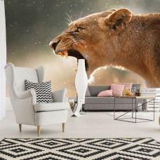 Eine Fototapete mit einer Löwin für das Wohnzimmer.