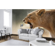 Eine Fototapete mit einer Löwin für das Wohnzimmer.