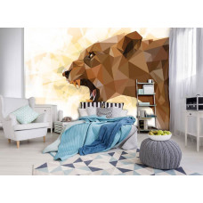 Eine künstlerische Fototapete mit dem Bild einer Löwin für das Wohnzimmer.