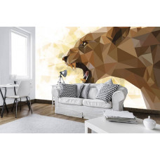 Eine künstlerische Fototapete mit dem Bild einer Löwin für das Wohnzimmer.