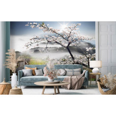 Eine Fototapete mit einer Frühlingslandschaft mit Bergen und Bäumen, zu sehen im Wohnzimmer.