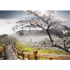 Fototapete Frühlingslandschaft mit Bergen und Bäumen, beruhigende Naturszene.