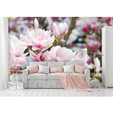 Fototapete mit Frühlingsblumen und Apfelblüte im Wohnzimmer.