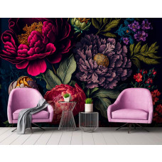 Eine Fototapete mit einer lebendigen Blumenpracht aus Pfingstrosen in einem Kunstgemälde für das Schlafzimmer und Wohnzimmer.