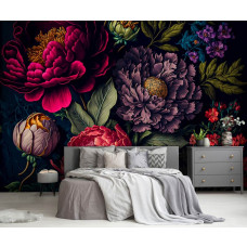 Eine Fototapete mit einer lebendigen Blumenpracht aus Pfingstrosen in einem Kunstgemälde im Schlafzimmer.