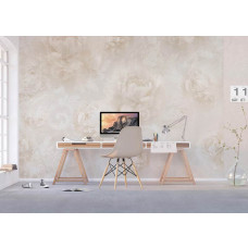 Eine Fototapete mit hellbeigen Blumen und Pfingstrosen, ideal, um einem Büro eine sanfte und elegante Note zu verleihen.