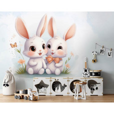 Eine Fototapete mit süßen Häschen in einem ruhigen Babyzimmer.