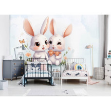 Eine Fototapete mit süßen Häschen in einem gemütlichen Kinderzimmer.