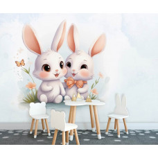 Eine Fototapete mit süßen Häschen in einem verspielten Look in einem Spielzimmer.