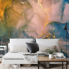 Eine Fototapete mit abstraktem Blitz und Marmor in einem Esszimmer.