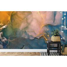 Eine Fototapete mit abstraktem Blitz und Marmor in einer Küche.