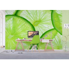 Eine Fototapete mit Limettenscheiben in leuchtendem Grün, ideal für einen frischen und lebendigen Look in einem Büro.