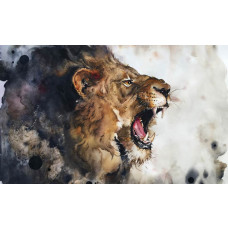 Eine künstlerische Darstellung eines Löwen auf einer malerischen Fototapete, mit leuchtenden Farben und Details.