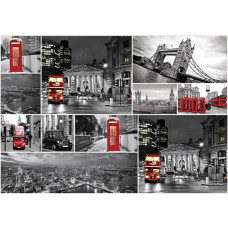 Fototapete mit einer Londoner Collage, die Big Ben, Tower Bridge und rote Doppeldeckerbusse zeigt.