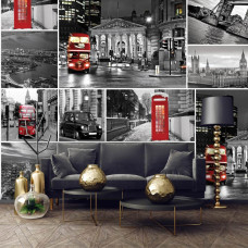 Eine Fototapete mit Londoner Ikonen wie Big Ben und Tower Bridge für das Wohnzimmer.