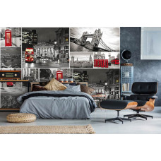 Eine Fototapete mit Big Ben und Tower Bridge in einer Collage für das Schlafzimmer.