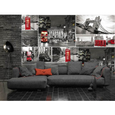 Eine Fototapete mit Londoner Ikonen wie Big Ben und Tower Bridge, perfekt für das Wohnzimmer.