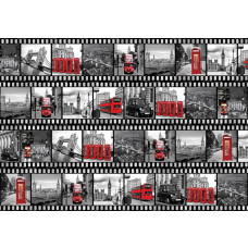 Fototapete mit einem Filmstreifen von London, mit Big Ben, Tower Bridge und roten Doppeldeckerbussen.