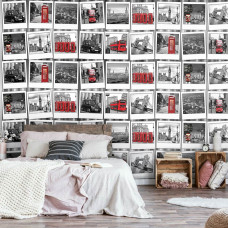 Eine Fototapete von London mit den Ikonen Big Ben, Tower Bridge und einem roten Doppeldeckerbus, ideal für das Wohnzimmer.