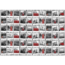 Fototapete mit einer Londoner Fotocollage, mit Fotos von Big Ben, Tower Bridge und roten Doppeldeckerbussen.