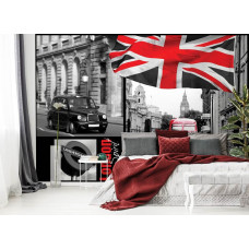 Eine Fototapete mit Londoner Symbolen, darunter eine Telefonzelle und ein Bus, ideal für ein Schlafzimmer.