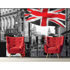 Eine Fototapete mit Londons berühmter roter Telefonzelle und Doppeldeckerbus, passend für ein Wohnzimmer.