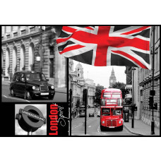 Londoner Stadtbild mit Flagge, Bus und Telefonzelle, perfekt gerendert in dieser ikonischen Fototapete der britischen Hauptstadt.