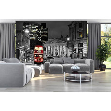 Eine Fototapete, die einen ikonischen Londoner Bus in einer Stadtumgebung zeigt.