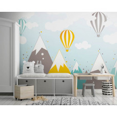 Eine Fototapete mit Heißluftballons über Berggipfeln für Kinder im Baby- und Kinderzimmer.