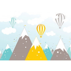 Fototapete mit Heißluftballons über Berggipfeln, speziell für Babyzimmer.