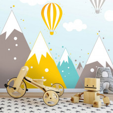 Eine Fototapete mit Heißluftballons über Berggipfeln für Kinder im Jungenzimmer.