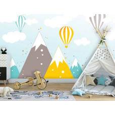 Eine Fototapete mit Heißluftballons über Berggipfeln für Kinder im Kinderzimmer.