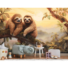 Eine Fototapete von Faultieren im Dschungel mit Regenwald in einem Babyzimmer in einem Kinderzimmer.