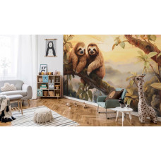 Eine Fototapete von Faultieren im Dschungel mit Regenwald in einem Babyzimmer in einem Kinderzimmer.