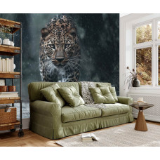 Fototapete mit Leoparden im tropischen Regenwald in einem Wohnzimmer, die mit ihrer wilden und natürlichen Ausstrahlung ein kraftvoller Blickfang ist.