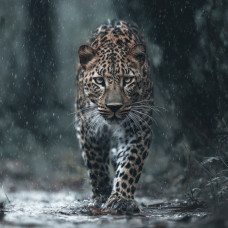 Fototapete mit einem Leoparden im tropischen Regenwald während des Regens.