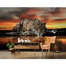 Eine Fototapete mit einem Leopard und Panther in Jagdposition sowie einem Gepard und Jaguar für das Wohnzimmer mit Raubtieren.