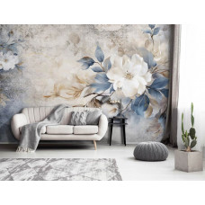 Eine Fototapete mit luxuriöser Blumenpracht von Blumen auf einer Betonwand im Wohnzimmer.