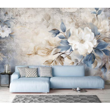 Eine Fototapete mit luxuriöser Blumenpracht von Blumen auf einer Betonwand auf Vliestapete im Wohnzimmer.