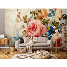 Eine Fototapete mit einer Komposition von Pfingstrosen in einem künstlerischen Stil, geeignet für ein Wohnzimmer.
