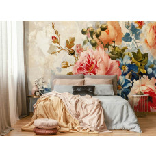 Eine Fototapete mit luxuriösen Blumen und Pfingstrosen in einem künstlerischen Design, ideal für ein Schlafzimmer.