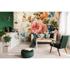 Eine Fototapete mit einer luxuriösen Blumenkomposition mit Pfingstrosen, perfekt für ein Wohnzimmer.