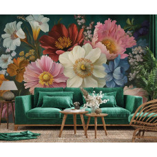 Fotobehang luxe bloemen in klassieke sfeer in woonkamer met barok bloemenboeket en warme tinten.