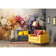 Eine Fototapete mit luxuriöser Blumenpracht von Blumen auf Beton im Kunststil im Wohnzimmer.