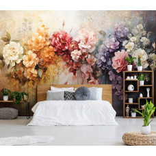 Eine Fototapete mit luxuriöser Blumenpracht von Blumen auf Beton im Kunststil im Schlafzimmer.