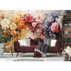 Eine Fototapete mit luxuriöser Blumenpracht von Blumen auf Beton im Kunststil im Wohnzimmer.