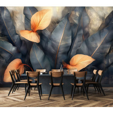 Fotobehang met artistieke botanische bladeren in een stijlvolle woonkamer.